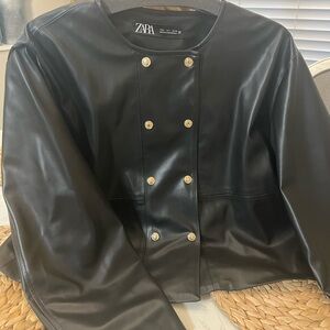 ZARA black faux leather jacket. Snap down. NEOT.